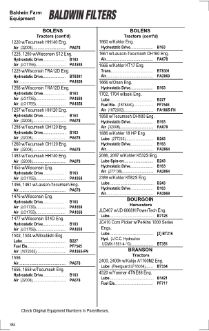 Baldwinfilters cross-references for tractors